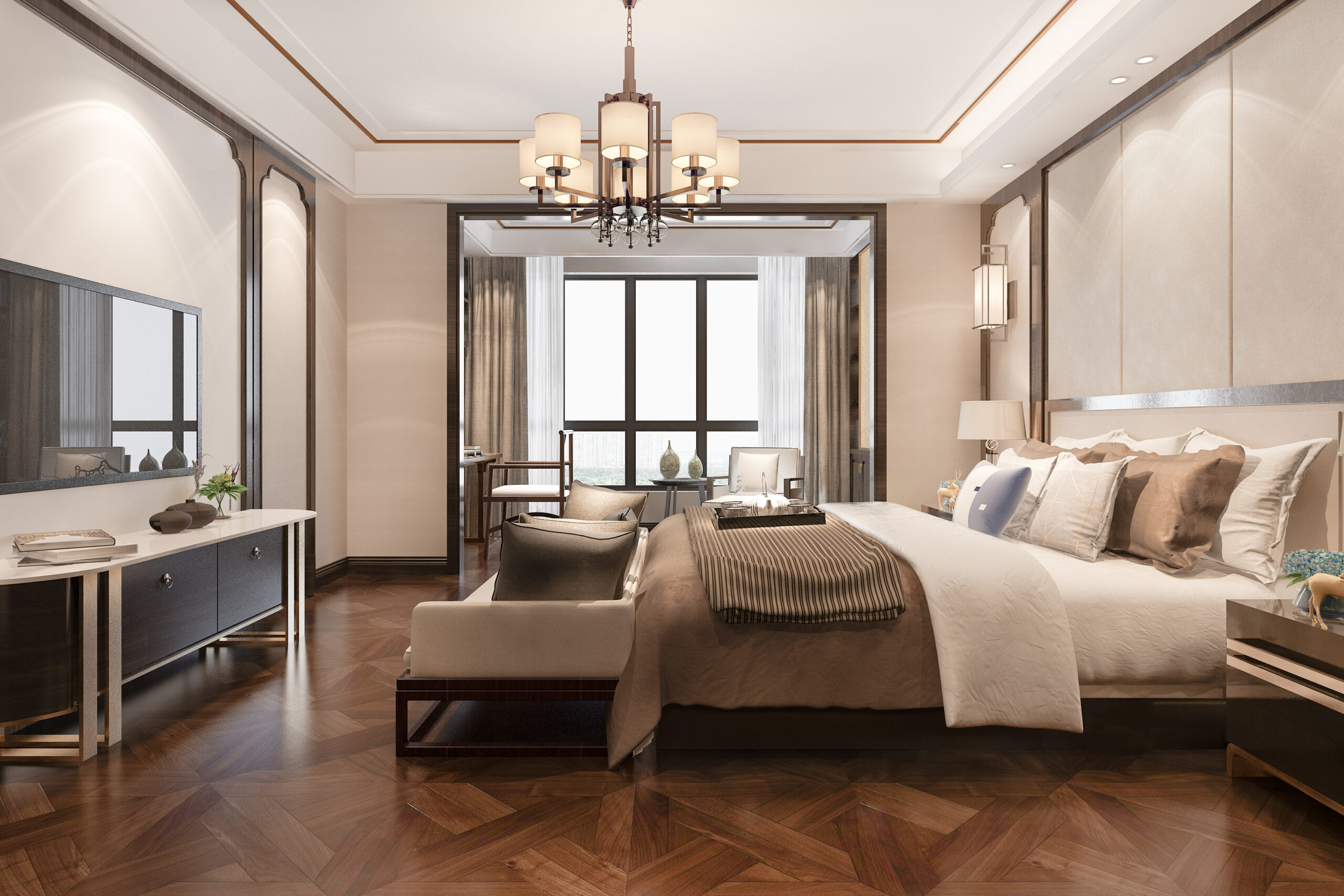 3D-render van een luxe hotelslaapkamer met tv