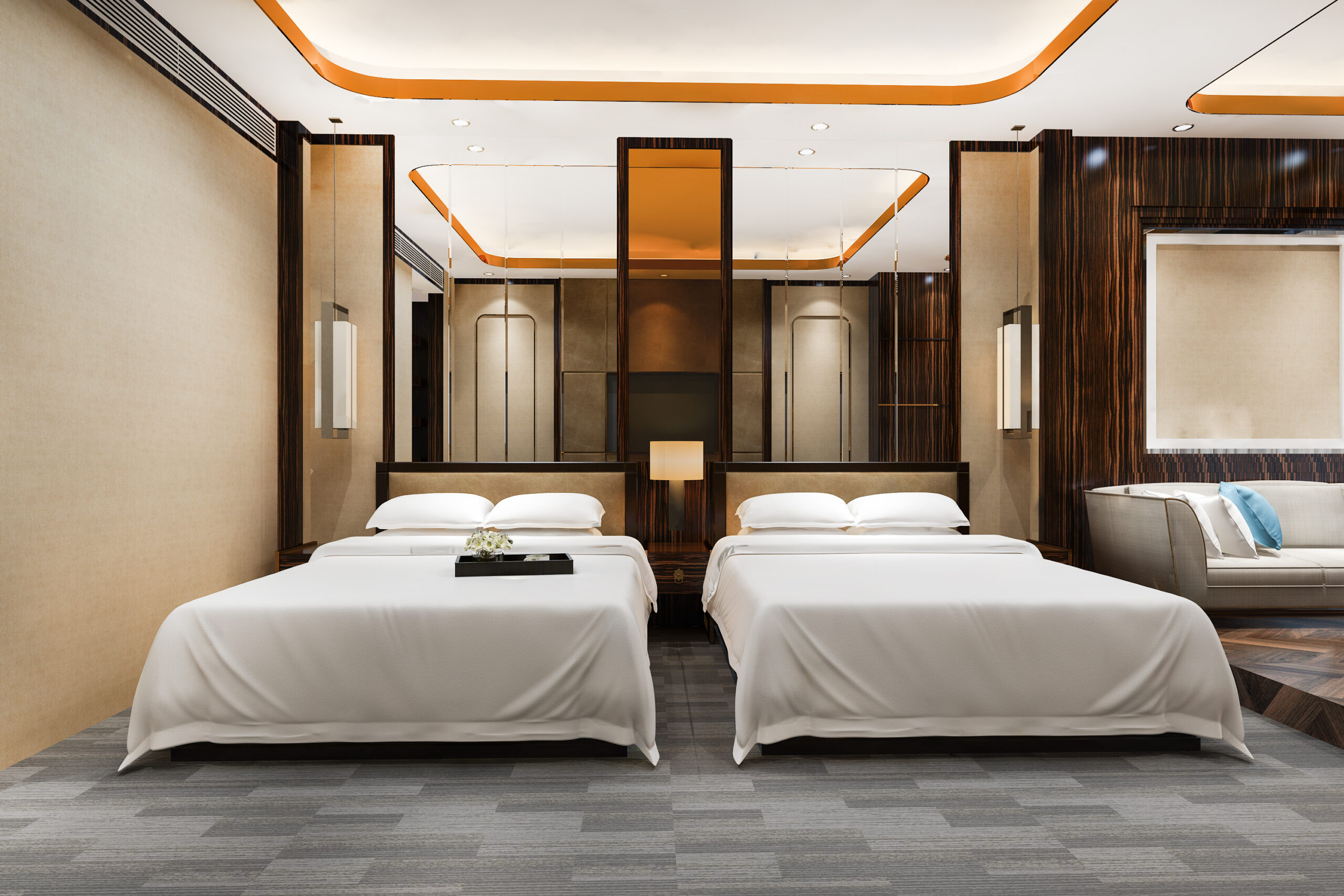 3D-render van een luxe hotelsuite met tweepersoonsbed