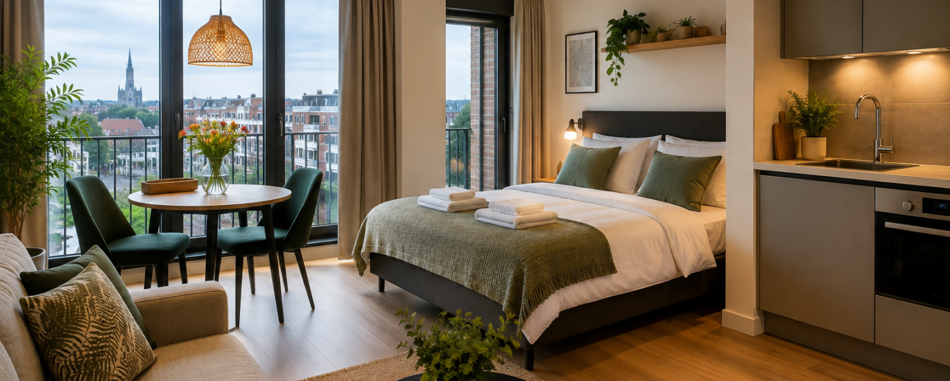 Modern short-stay apartment in the Netherlands with a cozy bedroom, kitchenette, dining area, and city view.
