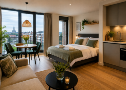Modern short-stay apartment in the Netherlands with a cozy bedroom, kitchenette, dining area, and city view.
