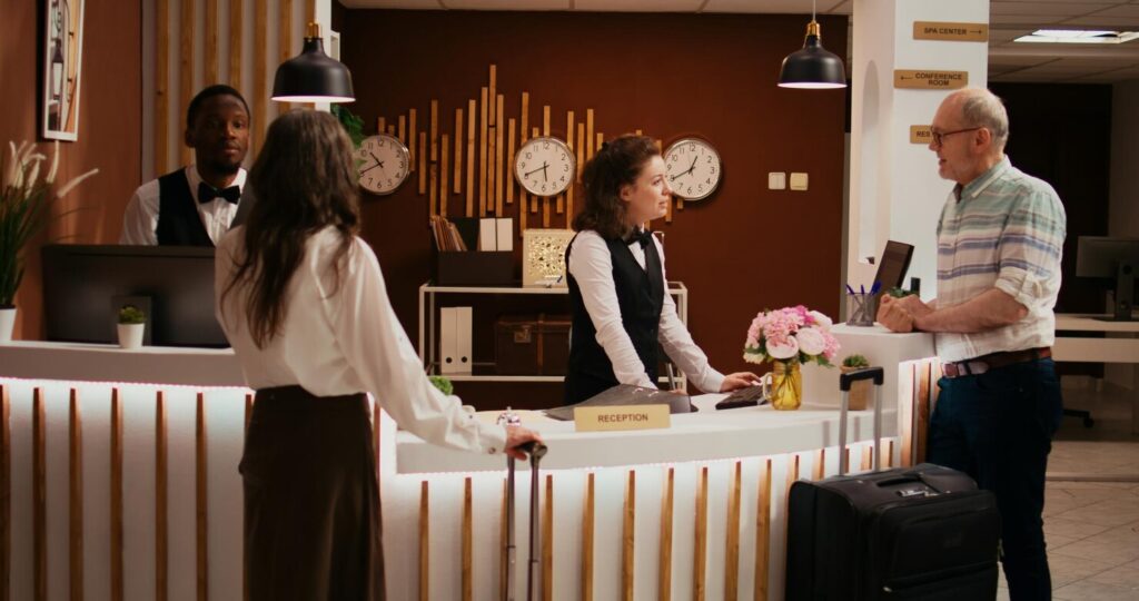 Gasten die aankomen in een hotellobby